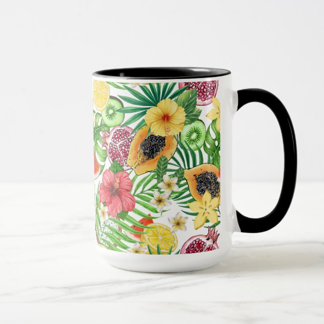 Caneca Frutas tropicais, flores e folhas em branco (Direita)