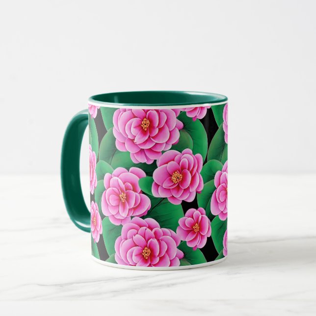 Caneca Fuchsia Pink Camellias e Jade Green Folhas (Frente Esquerda)