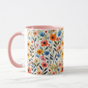 Caneca Fundo de Flores Silvestres de Primavera em Aquarel