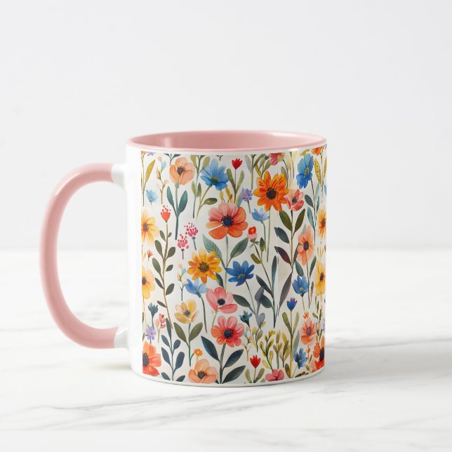 Caneca Fundo de Flores Silvestres de Primavera em Aquarel (Esquerda)
