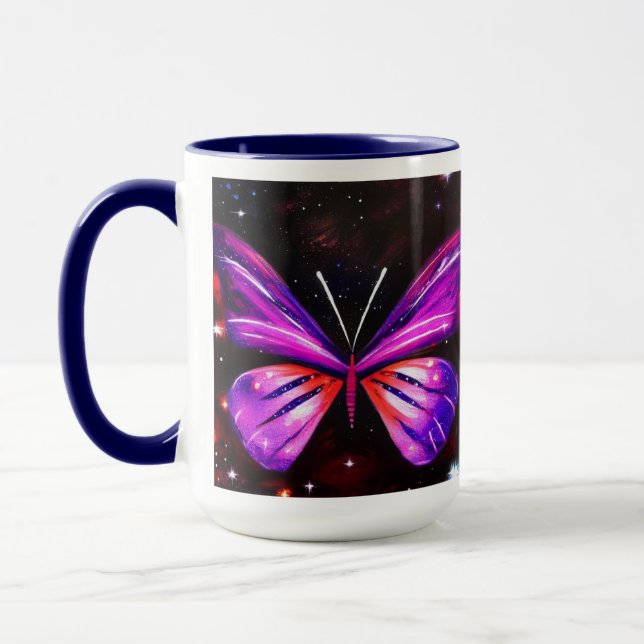 Caneca Fundo negro de galáxias borboletas roxas (Esquerda)
