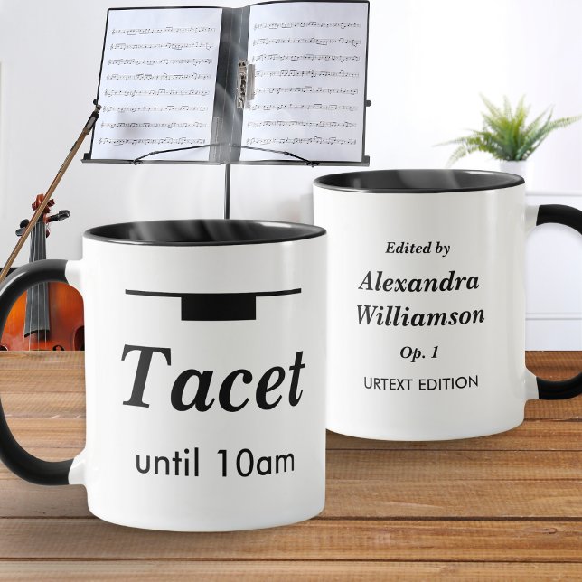 Caneca Funny Classical Music Humor Tacet Morning Rest (A funny personalized coffee mug for musicians and music lovers, with 'tacet until 10am' humor)