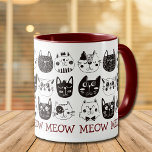 Caneca Funny Cute Cat Faces Pattern<br><div class="desc">This mug has a pattern of cute cartoon cat faces in black and white. At the bottom is the repeating text "Meow" in dark red. Perfect for the cat lover in your life! *Thanks to Soul Cliparts World for the images in this design.</div>