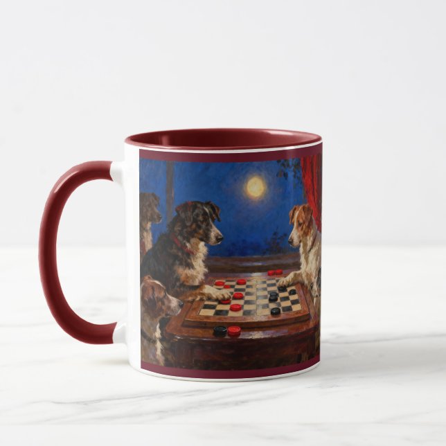 Caneca Funny Cute Dogs Playing Checkers Gift Coffee (Esquerda)