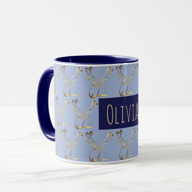 Caneca Funny Cute Reindeer Patterno Elegante Blue Faux Do (Frente Esquerda)