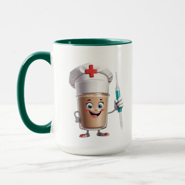 Caneca Funny Nurse Coffee Mug – Cartoon Cup with Syringe (Esquerda)