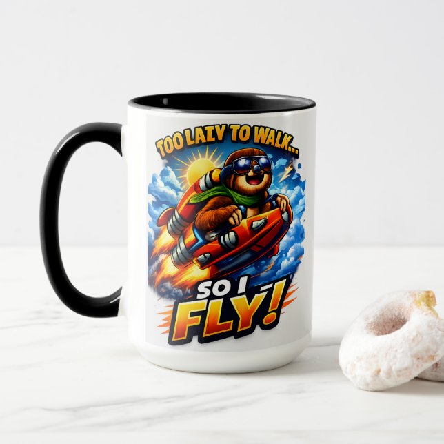 Caneca Funny Sloth Rocket Meme, Too Lazy to Walk So I Fly (Com Donut)