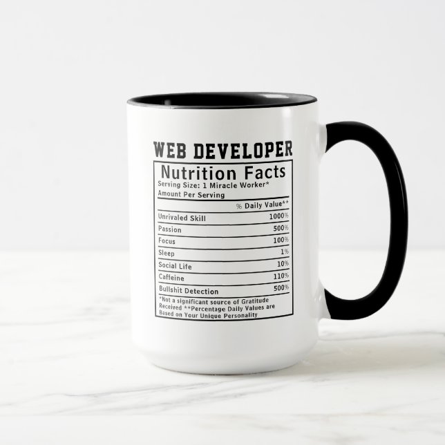 Caneca Funny Web Developer Nutrition Facts Coding Life  (Direita)