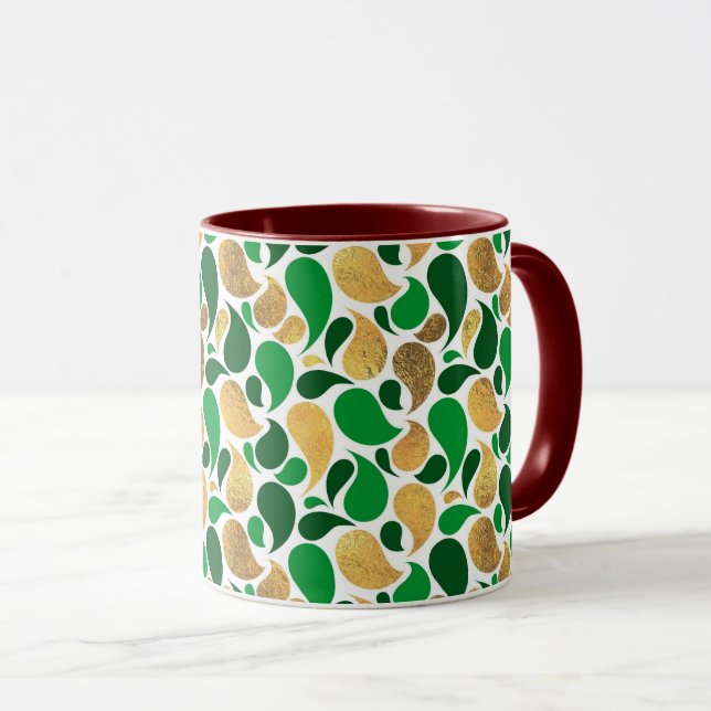 Caneca Fusão do Padrão Festivo Verde e Dourada (Frente Esquerda)