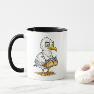 Caneca Gaivota Carregando Engradado de Peixe na Costa