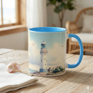 Caneca Gaivotas do Farol Costeiro Céu Pastel Serenidade