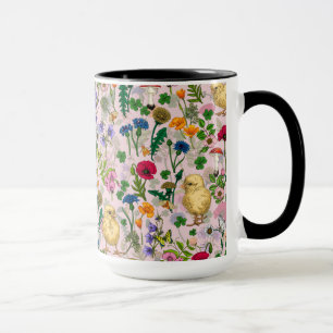 Caneca Galinhas e flores silvestres, de algodão, cor-de-r