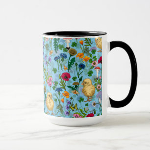 Caneca Galinhas e flores silvestres em azul-bebê