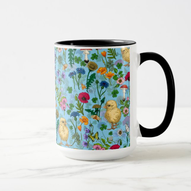 Caneca Galinhas e flores silvestres em azul-bebê (Direita)