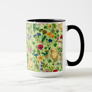 Caneca Galinhas e flores silvestres em verde-orvalho