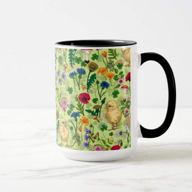 Caneca Galinhas e flores silvestres em verde-orvalho (Direita)