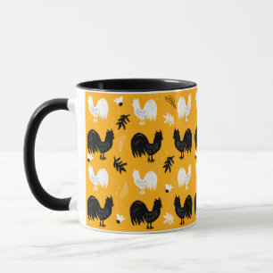 Caneca Galos Desenhados à Mão Padrão Floral Fazenda