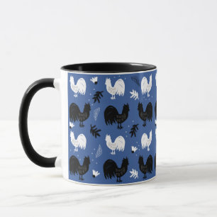 Caneca Galos Desenhados à Mão Padrão Floral Fazenda