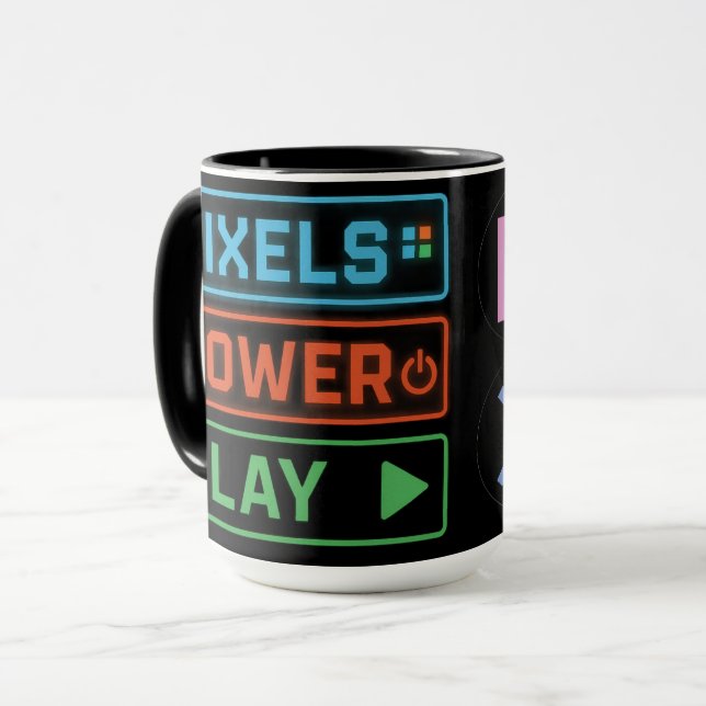 Caneca Gaming Mug – Pixels Power Play Neon Coffee Cup (Frente Esquerda)