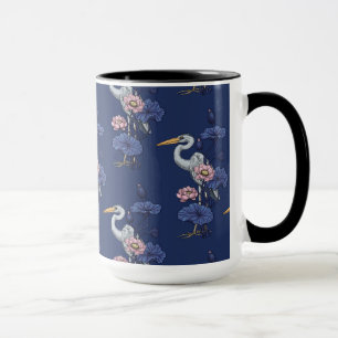 Caneca Garça no Jardim de Lótus Rosa sobre azul delpho