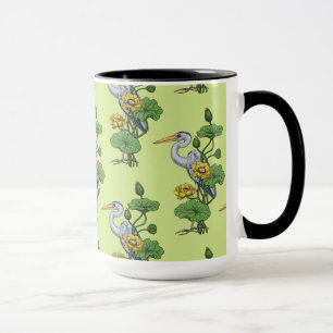 Caneca Garça no Jardim do Lótus Amarelo sobre orvalho