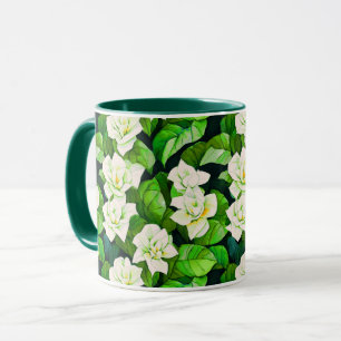 Caneca Gardenias brancas e folhas verdes de jade