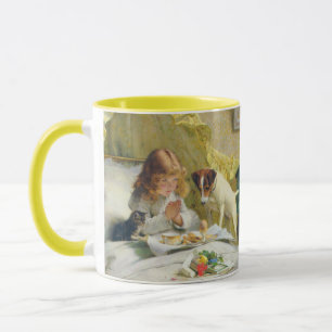 Caneca Garota Antiga Rezando com Arte de Gato e Cachorro 