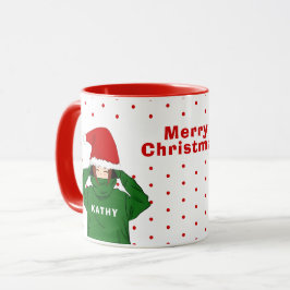 Caneca Garota bonita com capuz verde e Natal