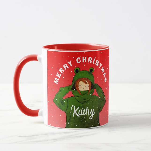 Caneca Garota com capuz Sapo Verde Desenho Natal (Esquerda)