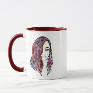 Caneca Garota de Arte de Linha Caprichosa Cabelo Aquarela