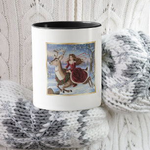 Caneca Garota Fofa montando Veado na Neve, Romântico, Mod