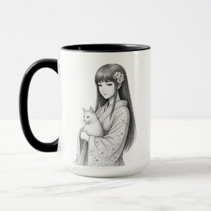 Caneca Garota Japonesa com um Gato Branco