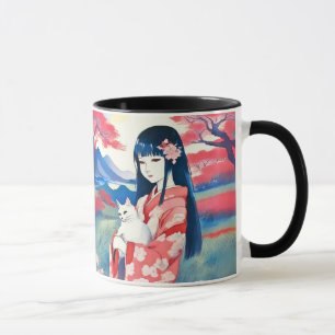Caneca Garota japonesa com um gato branco