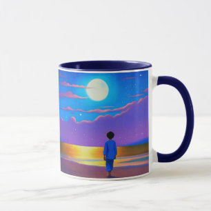Caneca Garoto na praia, olhando na lua