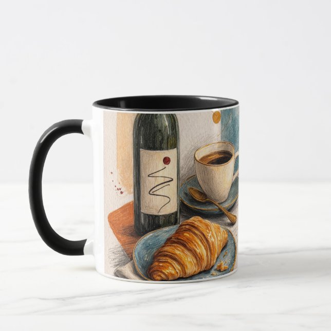 Caneca Garrafa de Vinho, Café e Croissant Impressão Artís (Esquerda)