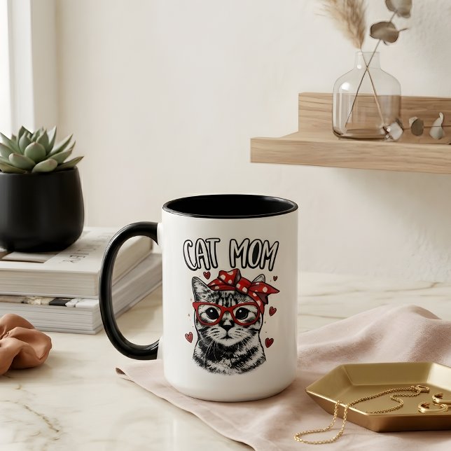 Caneca Gata Mãe da Moda com Óculos e Bandana Café Branco (Criador carregado)