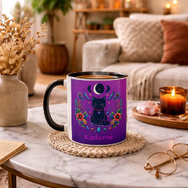 Caneca Gata Preta Celestial Mística Roxo Rosa