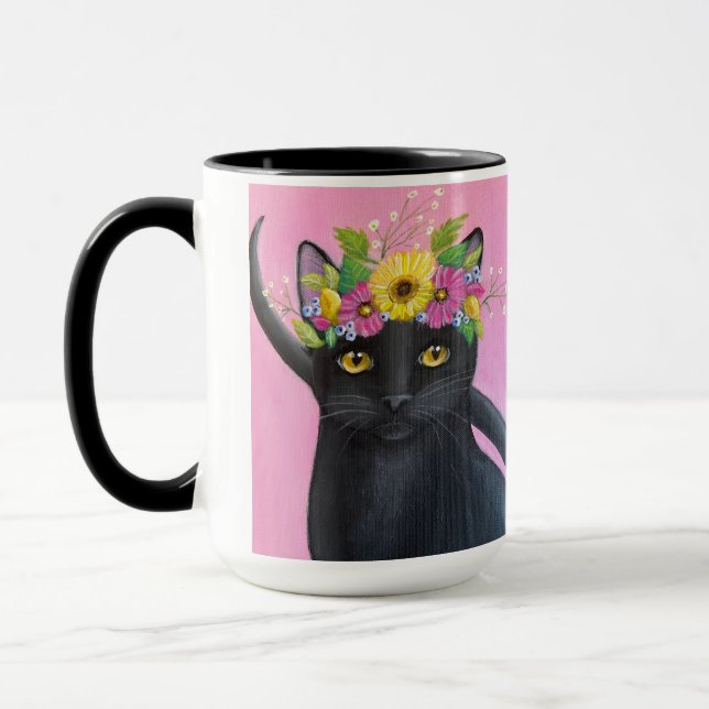 Caneca Gata Preta com Coroa de Flores (Esquerda)