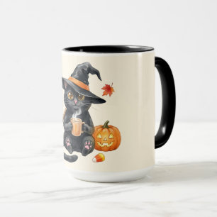 Caneca Gata Preta Fofa Bruxa Halloween Kawaii