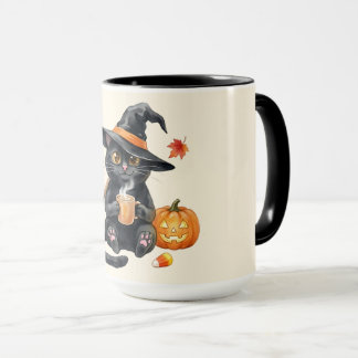Caneca Gata Preta Fofa Bruxa Halloween Kawaii