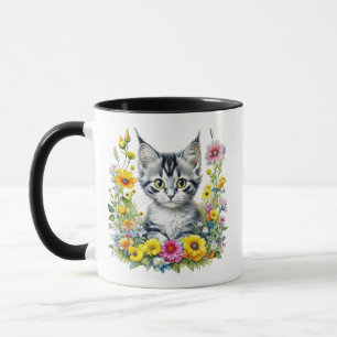 Caneca Gatinho Aquarela em Flores Amarelas Personalizado