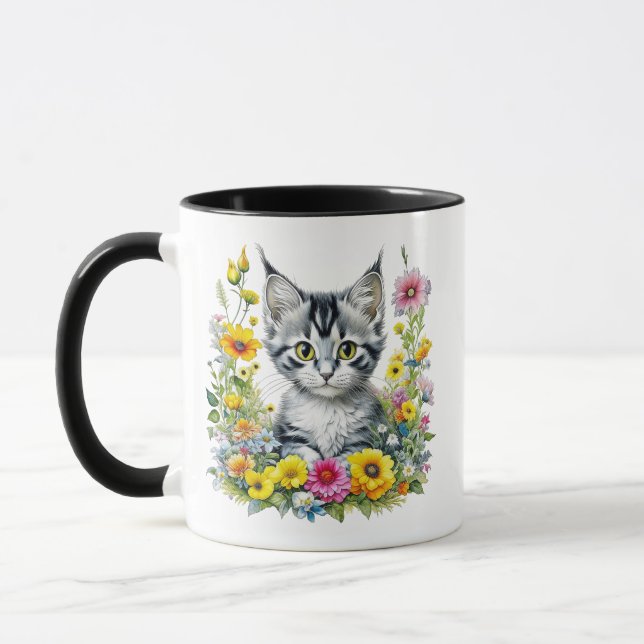 Caneca Gatinho Aquarela em Flores Amarelas Personalizado (Esquerda)