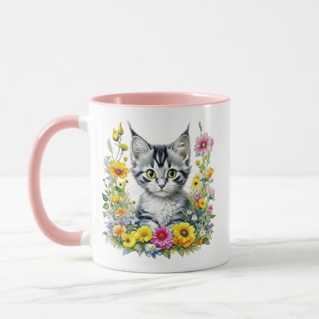 Caneca Gatinho Aquarela em Flores Amarelas Personalizado (Esquerda)