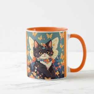 Caneca Gatinho Bonito Com Flores E Borboletas