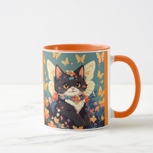 Caneca Gatinho Bonito Com Flores E Borboletas (Direita)