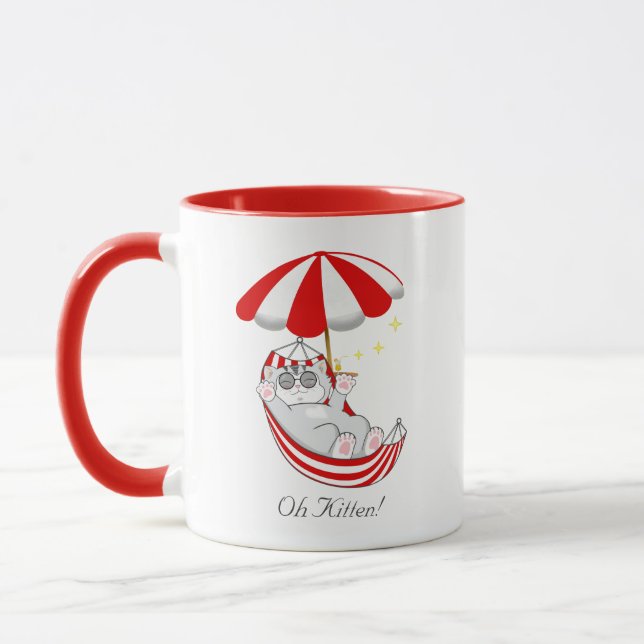 Caneca Gatinho Bonito em Hammock Vermelho e Branco (Esquerda)