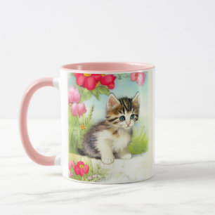 Caneca Gatinho Branco e Marrom Vintage com Flores