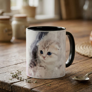 Caneca Gatinho brincando com uma bola de fio rosa aquarel