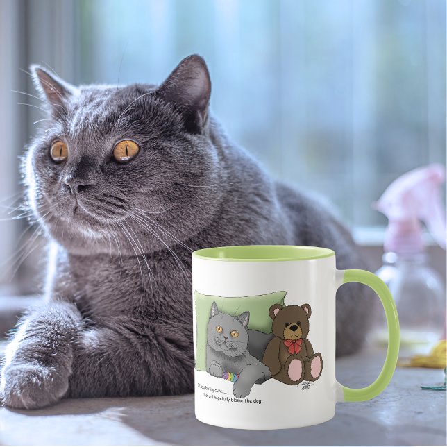 Caneca Gatinho Cinza Fofo Urso de Pelúcia Azul Engraçado (Criador carregado)