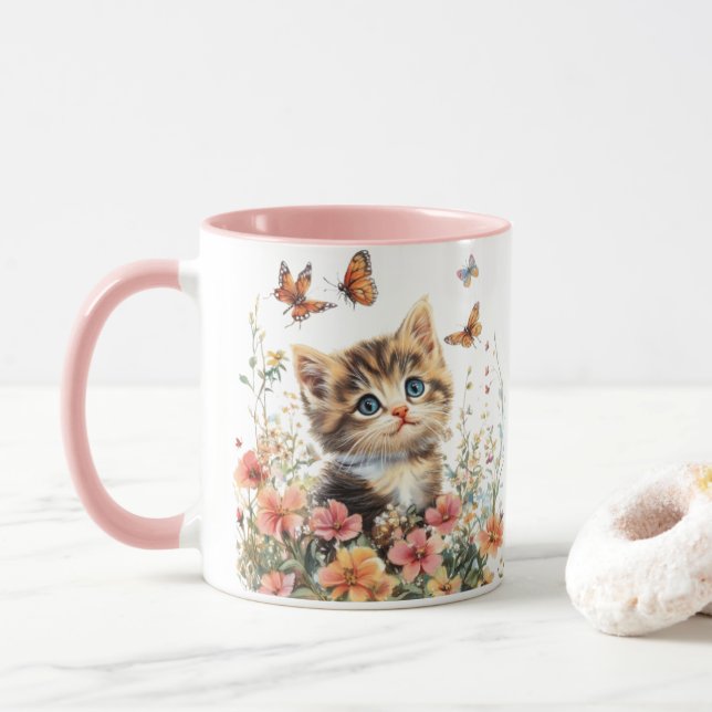 Caneca Gatinho Gelado em Flores - Gato Adorável (Com Donut)
